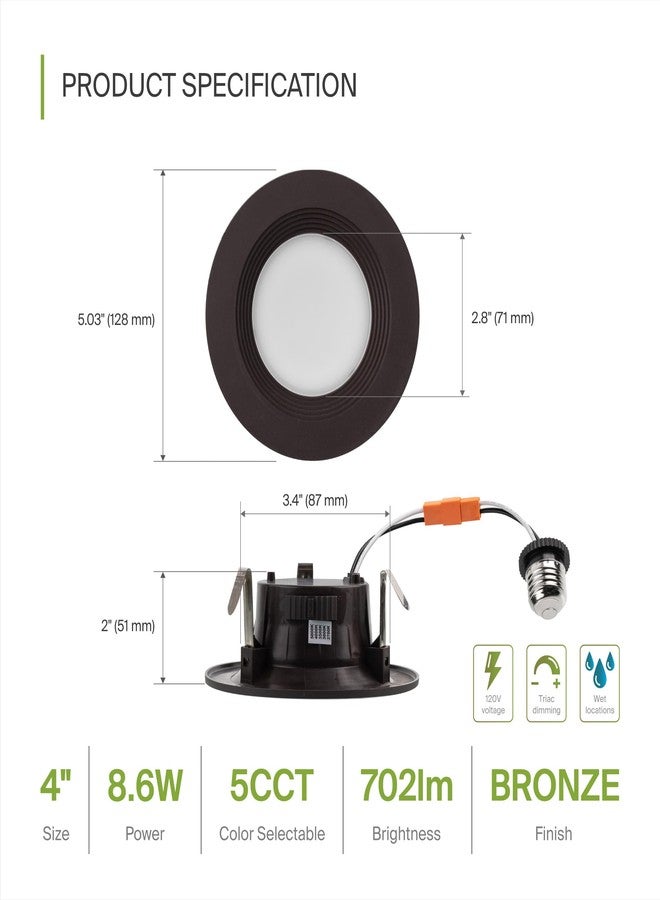 اي اس دي إضاءة سقفية LED غائرة قابلة للتعديل من ASD، مقاس 4 بوصات | 9 واط، 700 لومن، مقاومة للماء، قابلة للتعتيم | إضاءة سقفية غائرة قابلة للتعديل من 2700 كلفن إلى 5000 كلفن، مؤشر تجسيد اللون 90، لون برونزي | مصابيح LED غائرة، معتمدة من UL، عبوة من 12 قطعة - Image 2