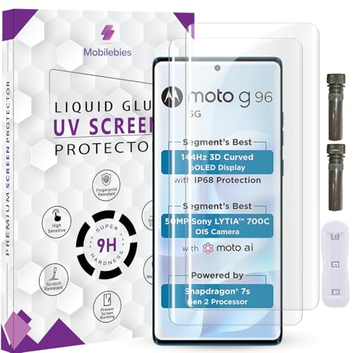Mobilebies® Advanced HD+ UV Tempered Glass Screen Protector For Motorola G96 5G (6.67 Inch, Pack of 2) Full Adhesive UV Curved Screen Guard, Case Friendly with installation kit & Guide - Image 1