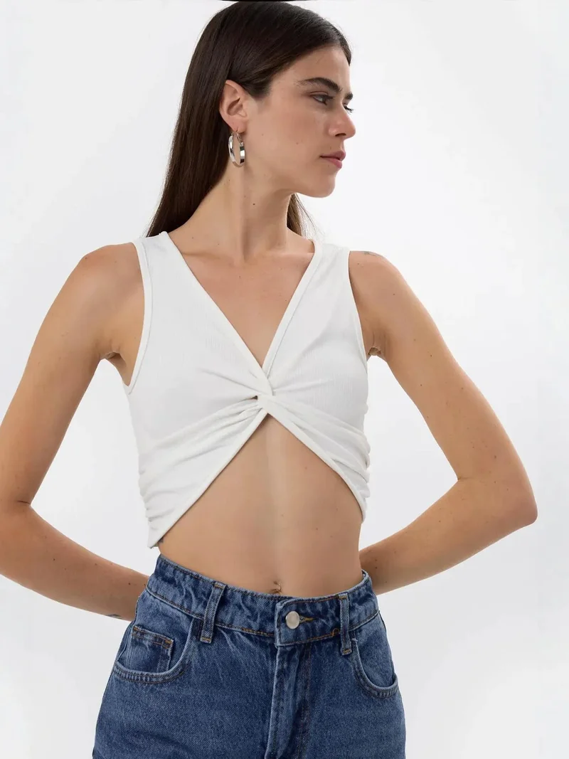 HICCUP Solid Rib Twist Front Crop Top