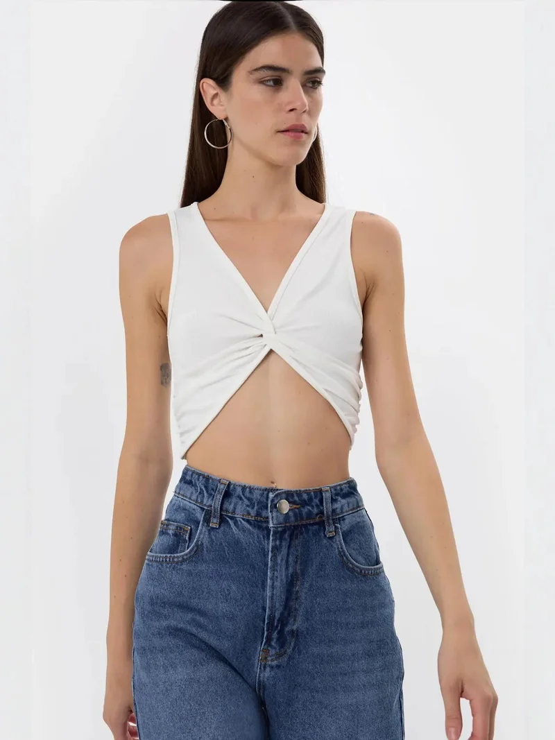 HICCUP Solid Rib Twist Front Crop Top