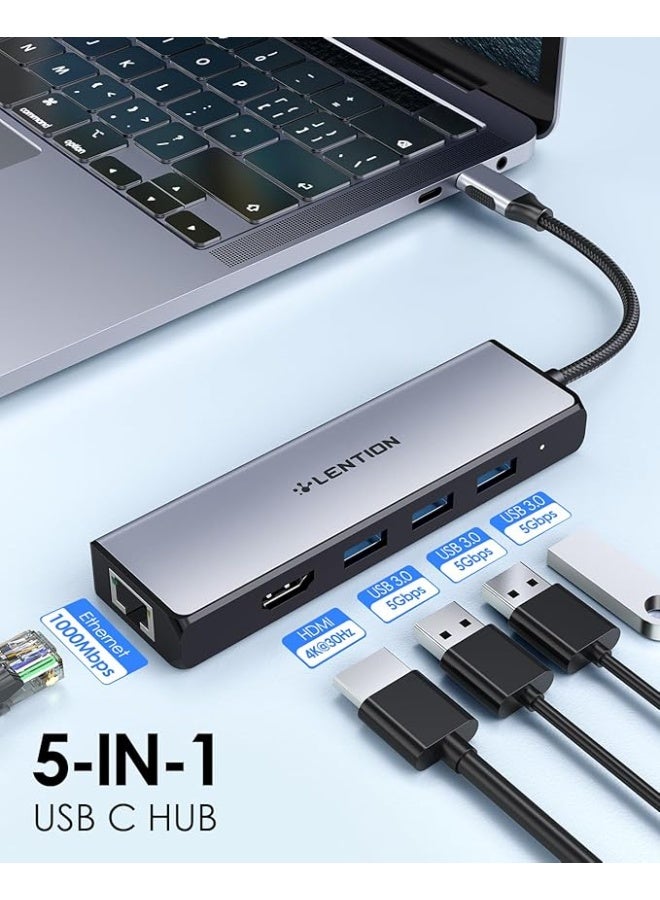 Lention LENTION USB C Hub with 4K HDMI, Gigabit Ethernet, 3 USB 3.0 & Type C Charging for 2023-2016 MacBook Pro, New Mac Air/Surface/Chromebook/Steam Deck, More, Stable Driver Adapter (CB-C65, Silver)  - Image 1