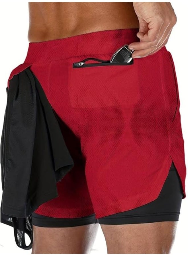 VITION Gym Shorts for Men, Men's Activewear Running Shorts,Drawstring Gym Shorts Men, 2 Layer Loose Athletic Shorts with 4 Pockets (Medium, Red) - Image 3