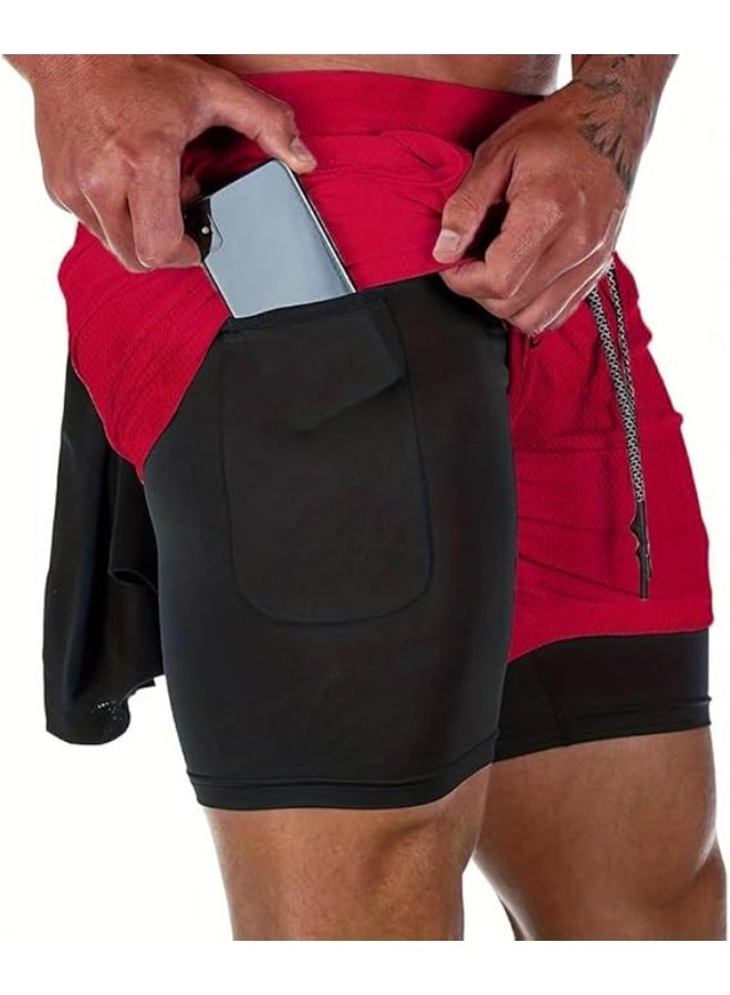 VITION Gym Shorts for Men, Men's Activewear Running Shorts,Drawstring Gym Shorts Men, 2 Layer Loose Athletic Shorts with 4 Pockets (Medium, Red) - Image 4