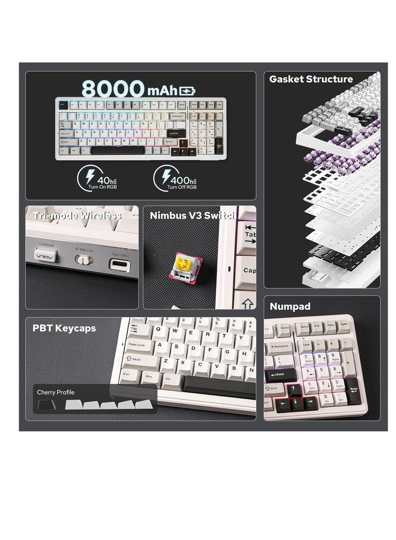 AULA F99 Wireless Mechanical Keyboard, Hot Swappable Gasket Custom Gaming Keyboard with Five-Layer Padding, Bluetooth/2.4GHz/USB-C, 8000mAh Battery (White Grey, Gray wood Switch V3 ) - Image 1