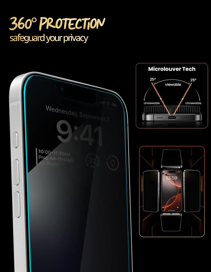 Lensarmor Military Grade 360 Degree Privacy Tempered Glass for iPhone 17 Pro (6.3") – Anti-Spy Screen Protector with Accessories Kit, 9H+ Shatterproof & Scratch Resistant Full Coverage Screen Guard - Image 2