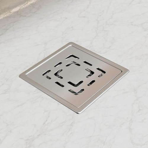 InArt Swirl Exclusive 5x5 Inch Square Floor Drain Jali | 304-Grade Stainless Steel Bathroom Drainer with Anti-Cockroach Trap, Collar & Cover | Silver - 5 Year Warranty - Image 1