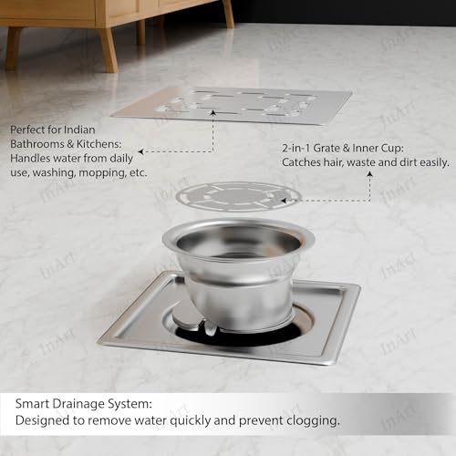InArt Swirl Exclusive 5x5 Inch Square Floor Drain Jali | 304-Grade Stainless Steel Bathroom Drainer with Anti-Cockroach Trap, Collar & Cover | Silver - 5 Year Warranty - Image 2