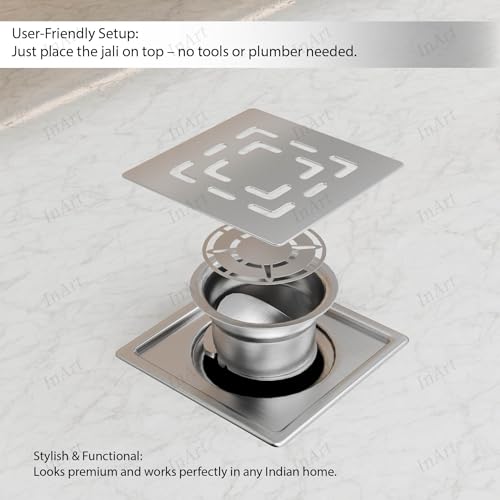 InArt Swirl Exclusive 5x5 Inch Square Floor Drain Jali | 304-Grade Stainless Steel Bathroom Drainer with Anti-Cockroach Trap, Collar & Cover | Silver - 5 Year Warranty - Image 4
