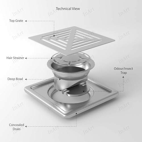 InArt Swirl Exclusive 5x5 Inch Square Floor Drain Jali | 304-Grade Stainless Steel Bathroom Drainer with Anti-Cockroach Trap, Collar & Cover | Silver - 5 Year Warranty - Image 3