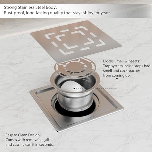 InArt Swirl Exclusive 5x5 Inch Square Floor Drain Jali | 304-Grade Stainless Steel Bathroom Drainer with Anti-Cockroach Trap, Collar & Cover | Silver - 5 Year Warranty - Image 5