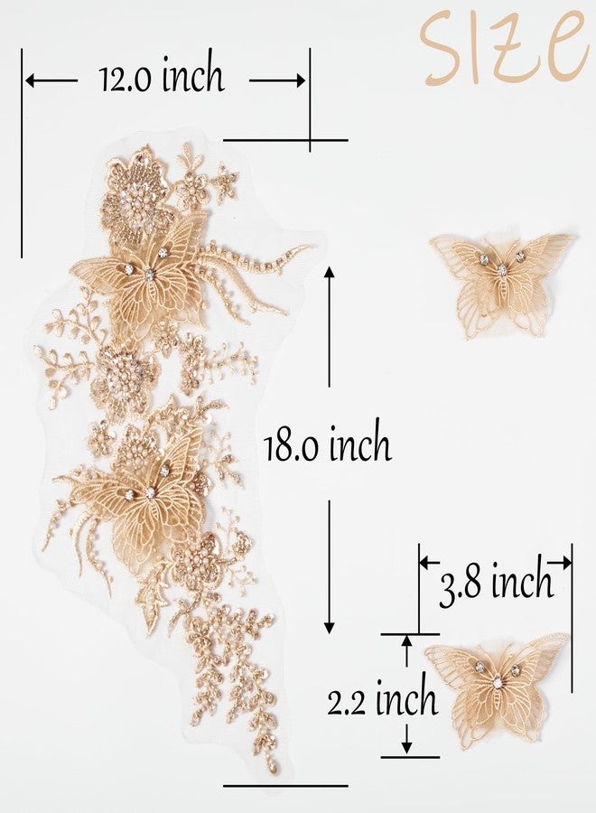 FixrWre Butterfly Fabric Rhinestones Beaded Lace Applique,3D Embroidered Lace Fabric Patch for Clothes，Dress(Light Coffee) - Image 2