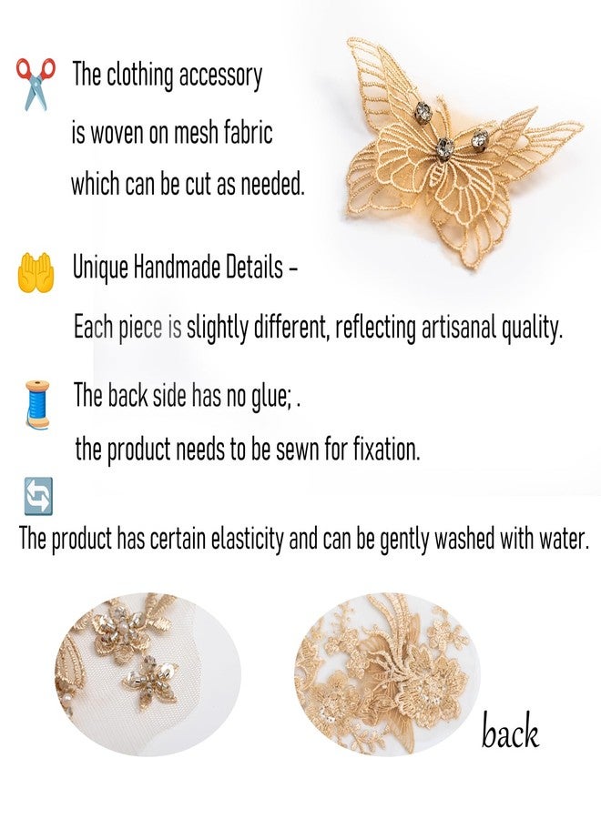 FixrWre Butterfly Fabric Rhinestones Beaded Lace Applique,3D Embroidered Lace Fabric Patch for Clothes，Dress(Light Coffee) - Image 5