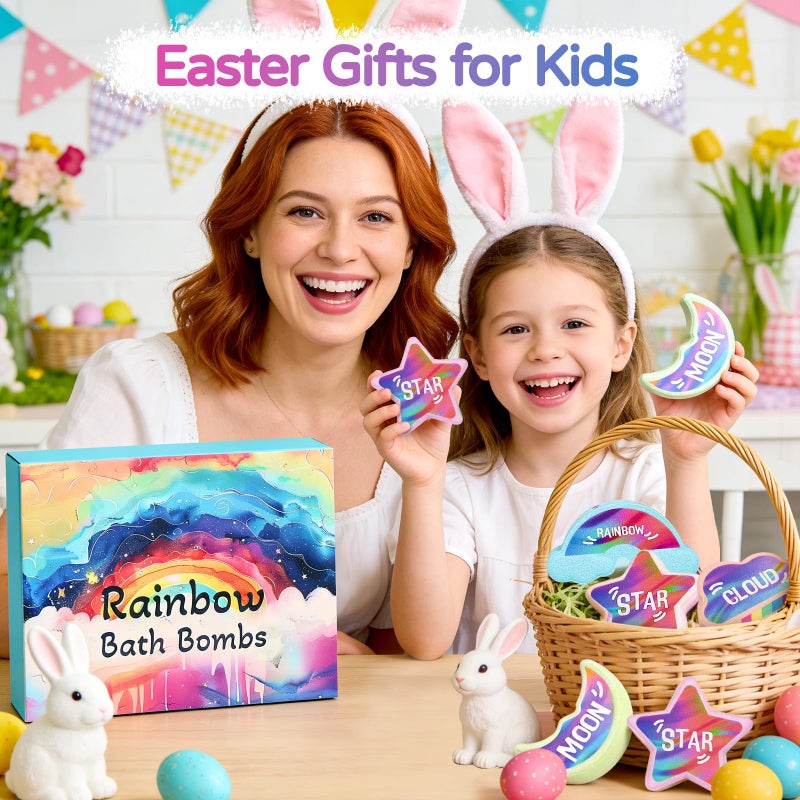AWKUWA Rainbow Bath Bombs for Kids - 4 Pcs Handmade Natural Kid Bath Bombs, Easter Gifts for Kids, Girls Easter Basket Stuffers, Organic Bubble Bath - Image 5