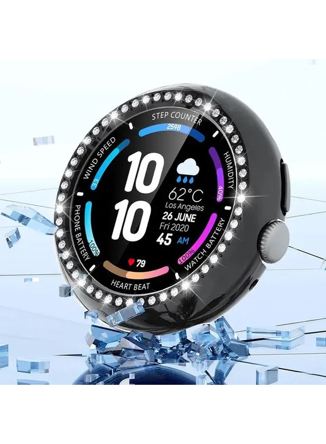 Google Pixel Watch 4 45mm Black Rhinestone PC Case Anti Scratch Screen Protector - Image 1
