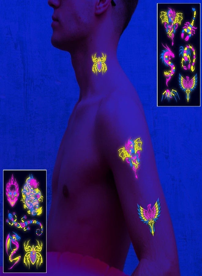 Maripabon Neon Temporary Tattoos Glow In The UV Neon Tattoos Stickers 61 Glitter Styles Dragon Scorpion Spider Cool Fake Waterproof Tattoos for Men Women Party Decoration - Image 3