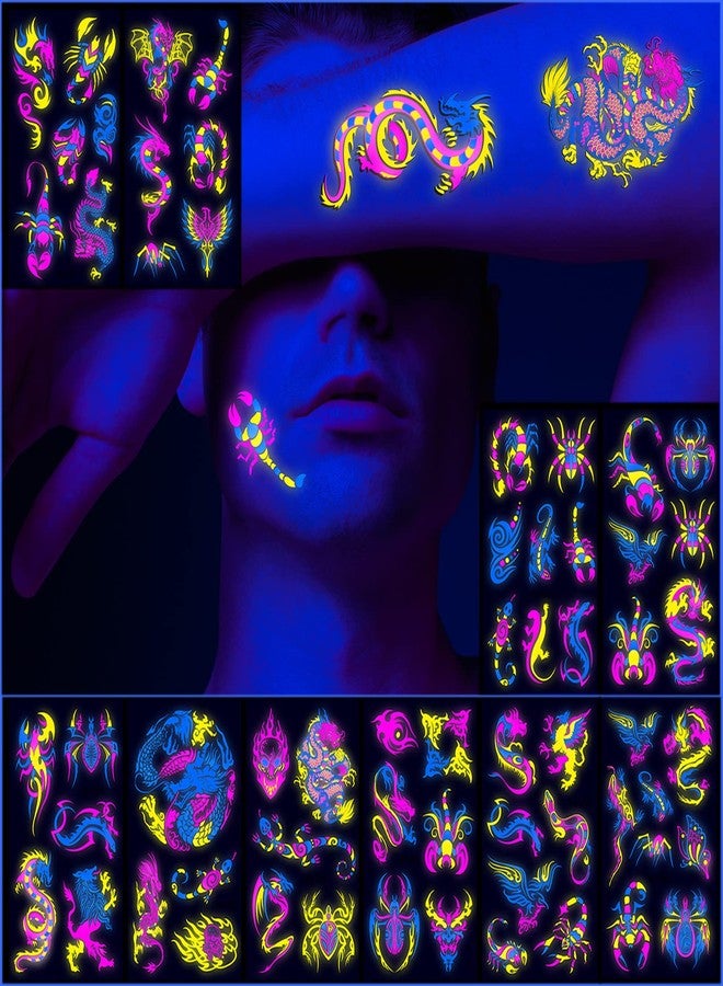 Maripabon Neon Temporary Tattoos Glow In The UV Neon Tattoos Stickers 61 Glitter Styles Dragon Scorpion Spider Cool Fake Waterproof Tattoos for Men Women Party Decoration - Image 1