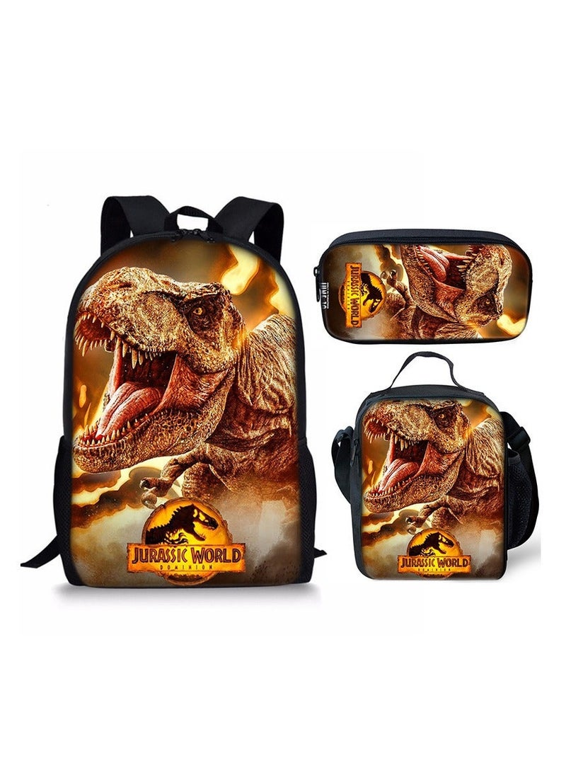 JURASSIC WORLD New Jurassic Park Dinosaur Three piece Set with Large Capacity Backpack, Student School Bag, Lunch Bag, Pen Bag - Image 1