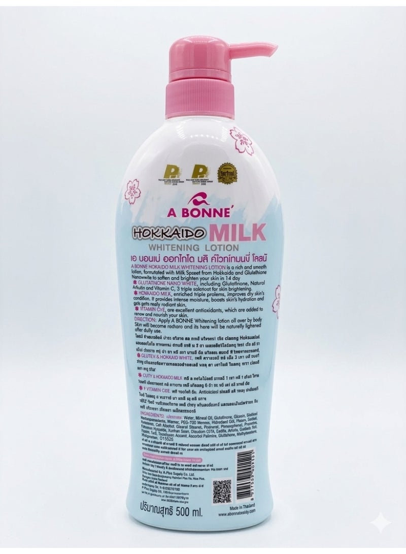 A BONNE Hokkaido Milk Whitening Body Lotion with Glutathione & UV Protectionfor Bright Smooth Hydrated Skin, 500ml - Image 2