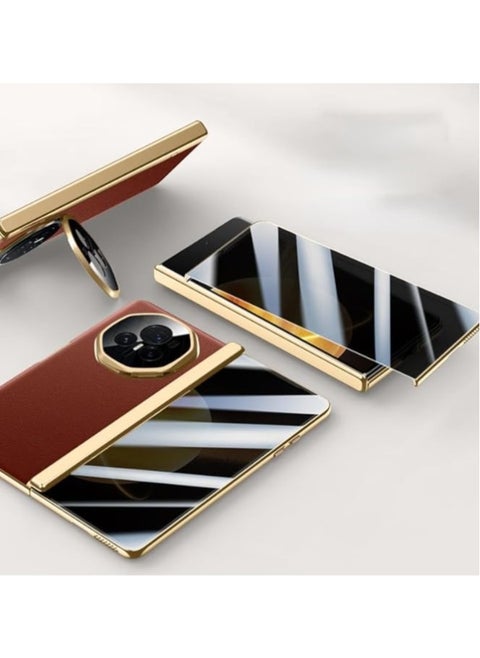 Compatible with Honor Magic V3 Electroplated Frame Magnetic Hinge Protection Grain Leather Case with Lens Holder Privacy Screen Protector For Magic V3