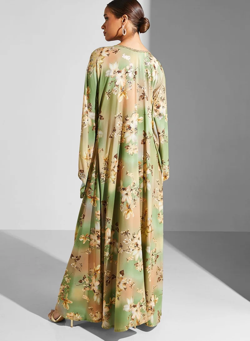 ARABIAN CLOSET Embellished Floral Print Jalabiya