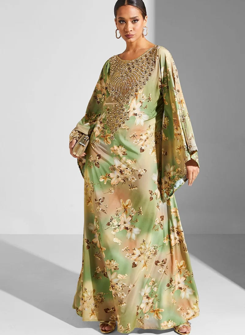 ARABIAN CLOSET Embellished Floral Print Jalabiya