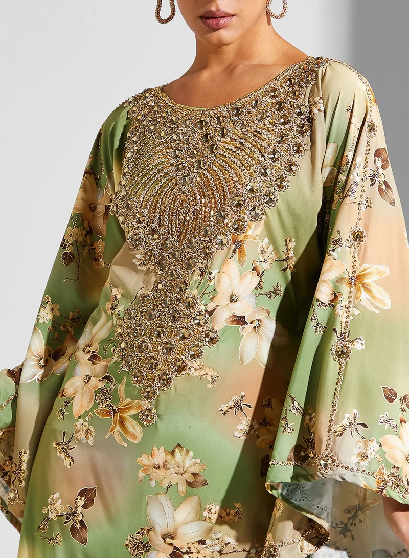 ARABIAN CLOSET Embellished Floral Print Jalabiya