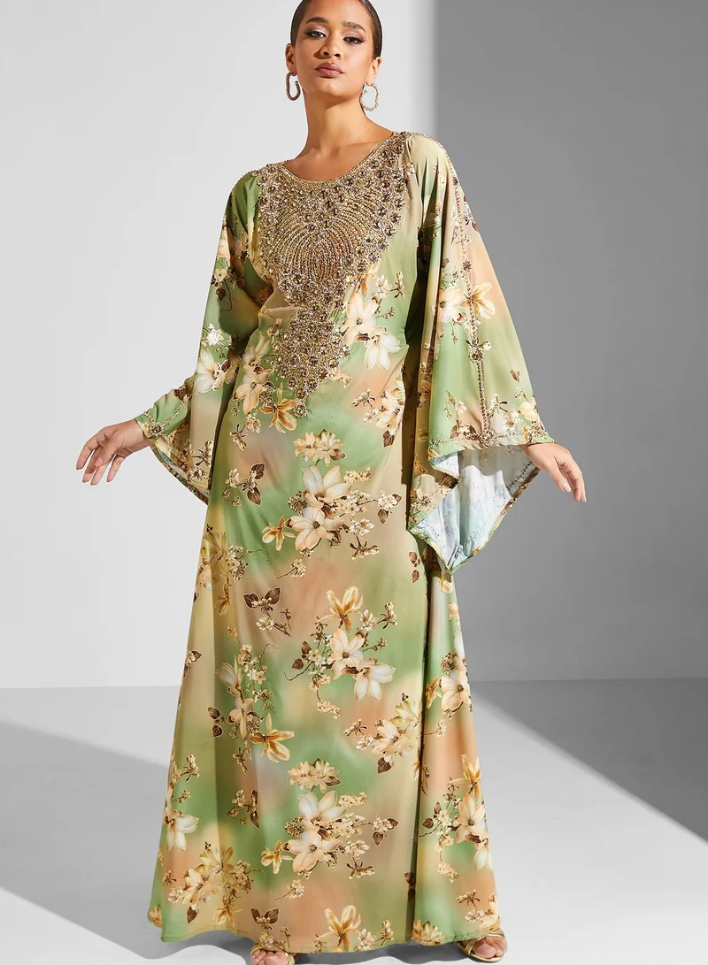 ARABIAN CLOSET Embellished Floral Print Jalabiya