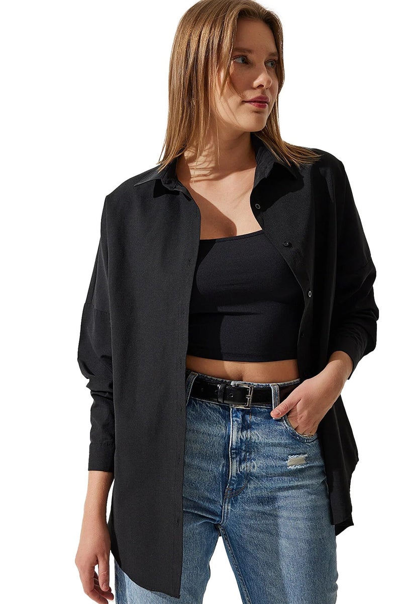BIG DART Oversized Button Down Shirts for Women, Dressy Casual Long Sleeve Blouses Summer Tops Tunics (US, Alpha, XX-Large, Regular, Regular, Black) - Image 2
