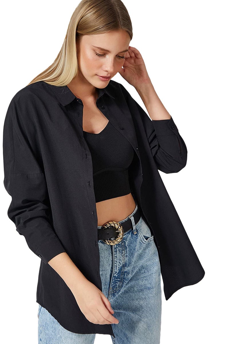 BIG DART Oversized Button Down Shirts for Women, Dressy Casual Long Sleeve Blouses Summer Tops Tunics (US, Alpha, XX-Large, Regular, Regular, Black) - Image 1