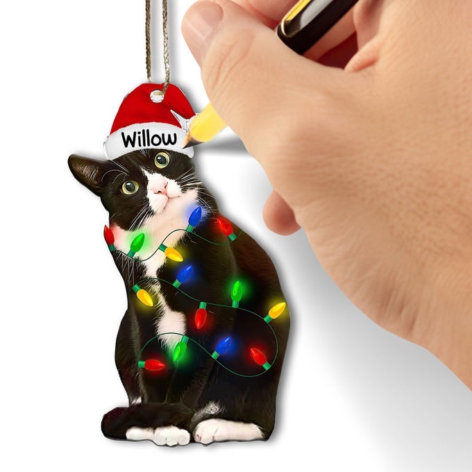 TUXEDO CAT CHRISTMAS ACRYLIC ORNAMENT BLACK AND WHITE CAT ORNAMENT CUSTOMIZABLE WITH NAME EASILY ADD NAME WITH MARKER MARKER NOT INCLUDED