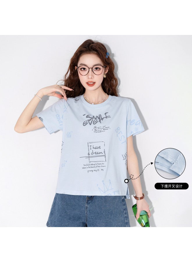 Jeanswest Women's T-shirt Short Sleeve Summer Women's Clothing Casual Loose Fit Ladies T-shirt Short Sleeve New Season Full Print Top - Image 3