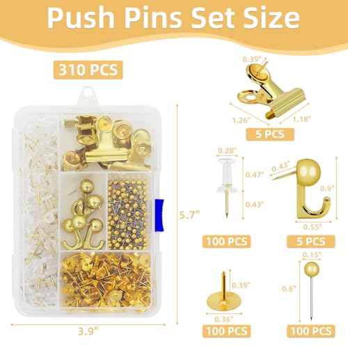 neotidy Gold Push Pins Set, 310 Pcs Decorative Thumb Tacks for Cork Board with Push Pin Hooks & Clips, 5 Styles Office Pushpins Set in Storage Box for Bulletin Board, Maps, Photos, Notes - Image 3