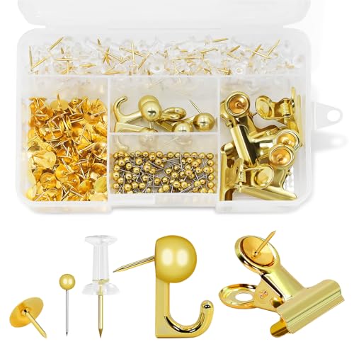 neotidy Gold Push Pins Set, 310 Pcs Decorative Thumb Tacks for Cork Board with Push Pin Hooks & Clips, 5 Styles Office Pushpins Set in Storage Box for Bulletin Board, Maps, Photos, Notes - Image 1