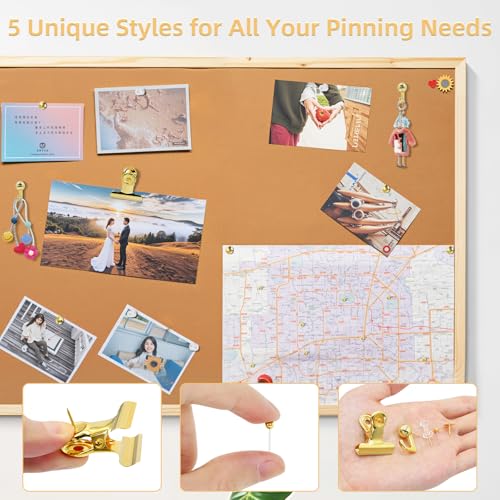 neotidy Gold Push Pins Set, 310 Pcs Decorative Thumb Tacks for Cork Board with Push Pin Hooks & Clips, 5 Styles Office Pushpins Set in Storage Box for Bulletin Board, Maps, Photos, Notes - Image 5