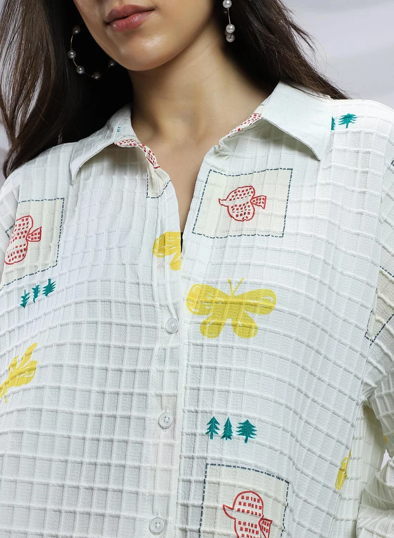 Campus Sutra  Women's Chalk White Butterfly Pine Relaxed Shirt for Women | Best Price UAE