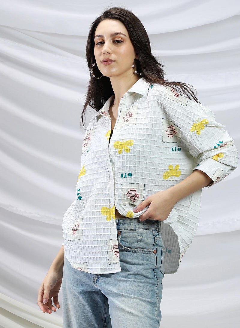Campus Sutra Women's Chalk White Butterfly Pine Relaxed Shirt - Image 3
