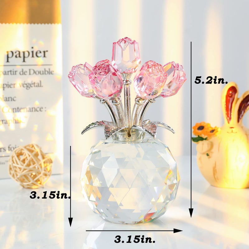 YWHL Handmade Crystal Pink Rose Flower Figurine with Round Vase  Rose Gifts for Girlfriend Wife Sister  Romantic Gifts for Mom on Mother's Day Birthday Valentine's Day  Wedding Home Decorations - Image 2