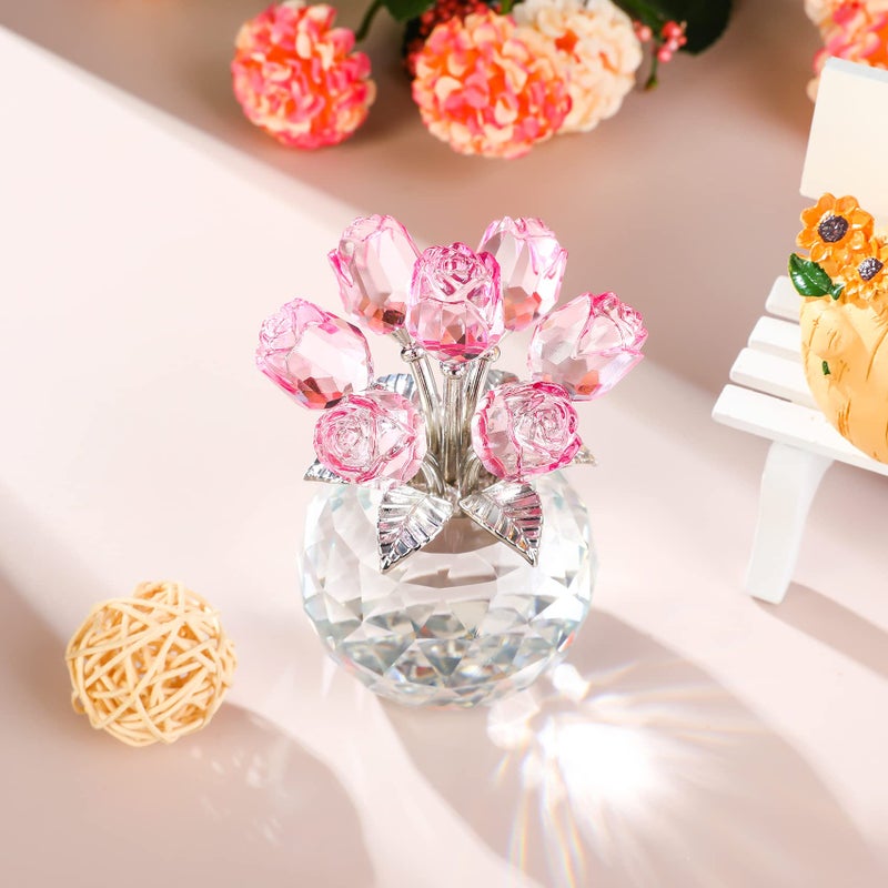 YWHL Handmade Crystal Pink Rose Flower Figurine with Round Vase  Rose Gifts for Girlfriend Wife Sister  Romantic Gifts for Mom on Mother's Day Birthday Valentine's Day  Wedding Home Decorations - Image 3