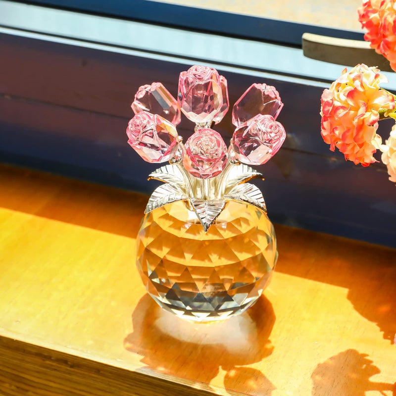 YWHL Handmade Crystal Pink Rose Flower Figurine with Round Vase  Rose Gifts for Girlfriend Wife Sister  Romantic Gifts for Mom on Mother's Day Birthday Valentine's Day  Wedding Home Decorations - Image 5