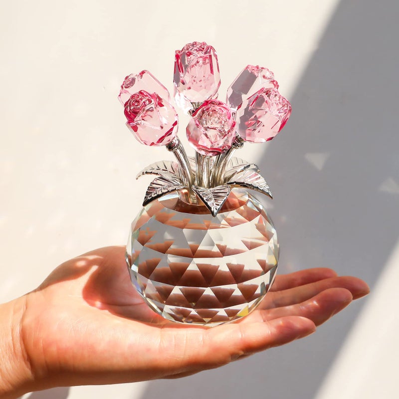 YWHL Handmade Crystal Pink Rose Flower Figurine with Round Vase  Rose Gifts for Girlfriend Wife Sister  Romantic Gifts for Mom on Mother's Day Birthday Valentine's Day  Wedding Home Decorations - Image 4