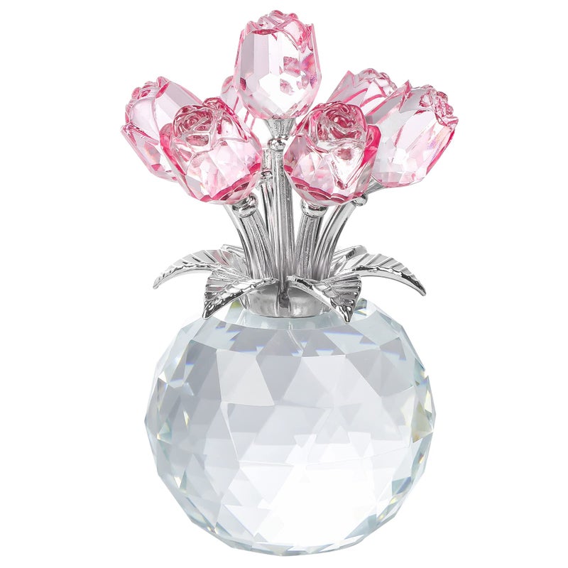 YWHL Handmade Crystal Pink Rose Flower Figurine with Round Vase  Rose Gifts for Girlfriend Wife Sister  Romantic Gifts for Mom on Mother's Day Birthday Valentine's Day  Wedding Home Decorations - Image 1