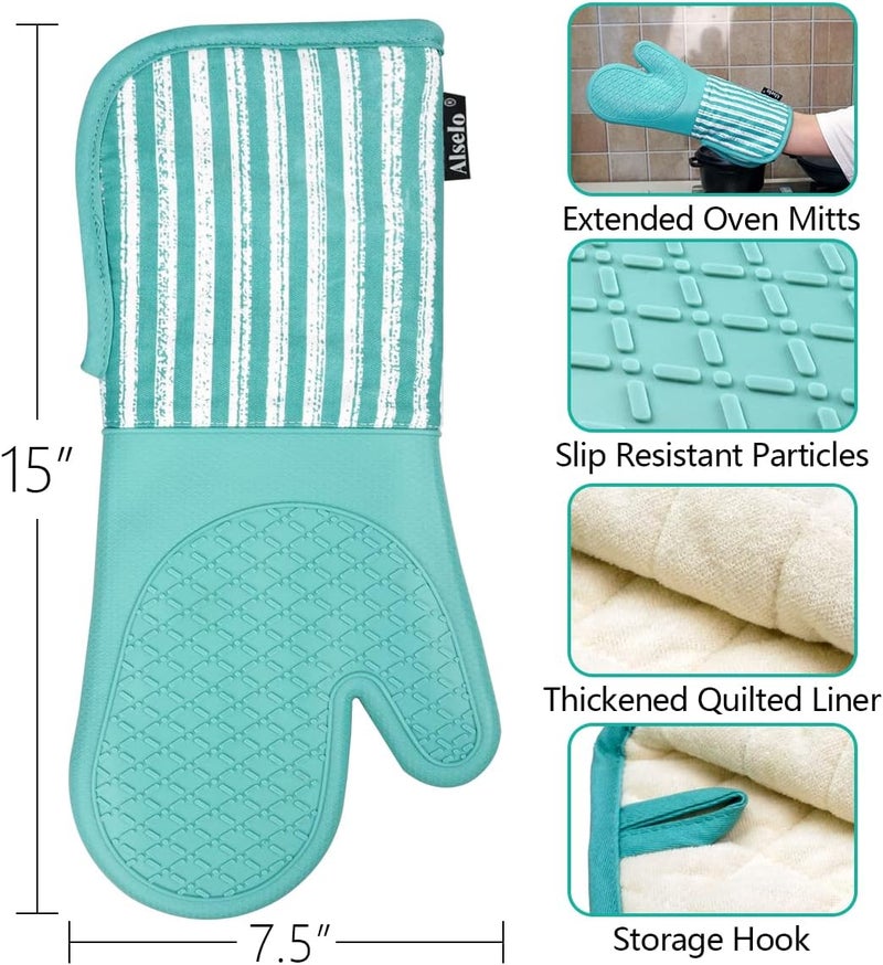 Alselo Silicone Oven Mitts Heat Resistant 932℉ with Waterproof & Non-Slip Kitchen Mittens, Set of 2 Extra Long Oven Gloves with Soft Cotton Terry Lining for Baking Cooking Barbecue - Image 2