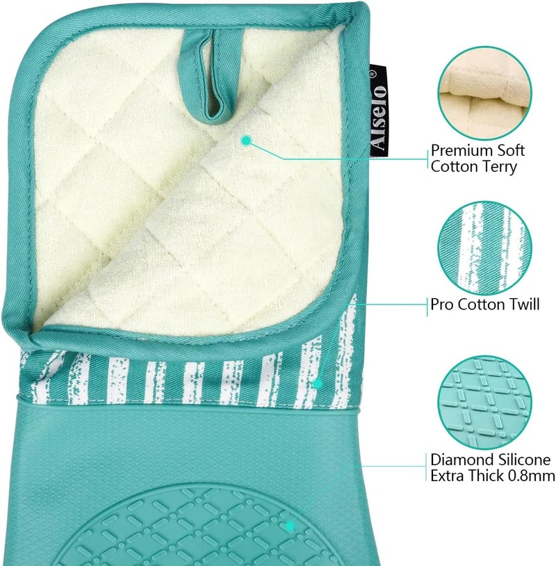 Alselo Silicone Oven Mitts Heat Resistant 932℉ with Waterproof & Non-Slip Kitchen Mittens, Set of 2 Extra Long Oven Gloves with Soft Cotton Terry Lining for Baking Cooking Barbecue - Image 3