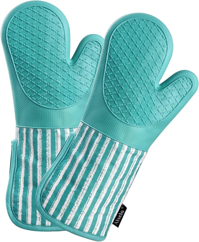 Alselo Silicone Oven Mitts Heat Resistant 932℉ with Waterproof & Non-Slip Kitchen Mittens, Set of 2 Extra Long Oven Gloves with Soft Cotton Terry Lining for Baking Cooking Barbecue - Image 1