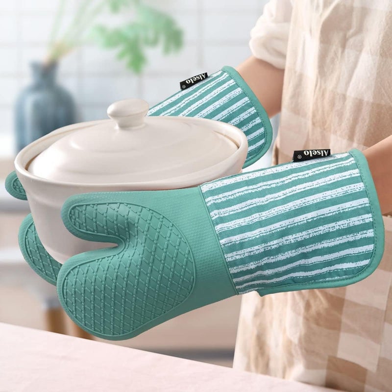 Alselo Silicone Oven Mitts Heat Resistant 932℉ with Waterproof & Non-Slip Kitchen Mittens, Set of 2 Extra Long Oven Gloves with Soft Cotton Terry Lining for Baking Cooking Barbecue - Image 4