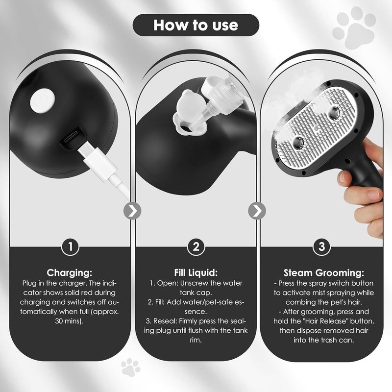 ngfhf Cat Steam Brush for Grooming and Shedding for Long and Short Hair Pets Deshedding and Hair Removal tool for Dogs & Cats Self Cleaning 4 in 1 Massaging Pet Spray Spritz Defur Comb - Image 5