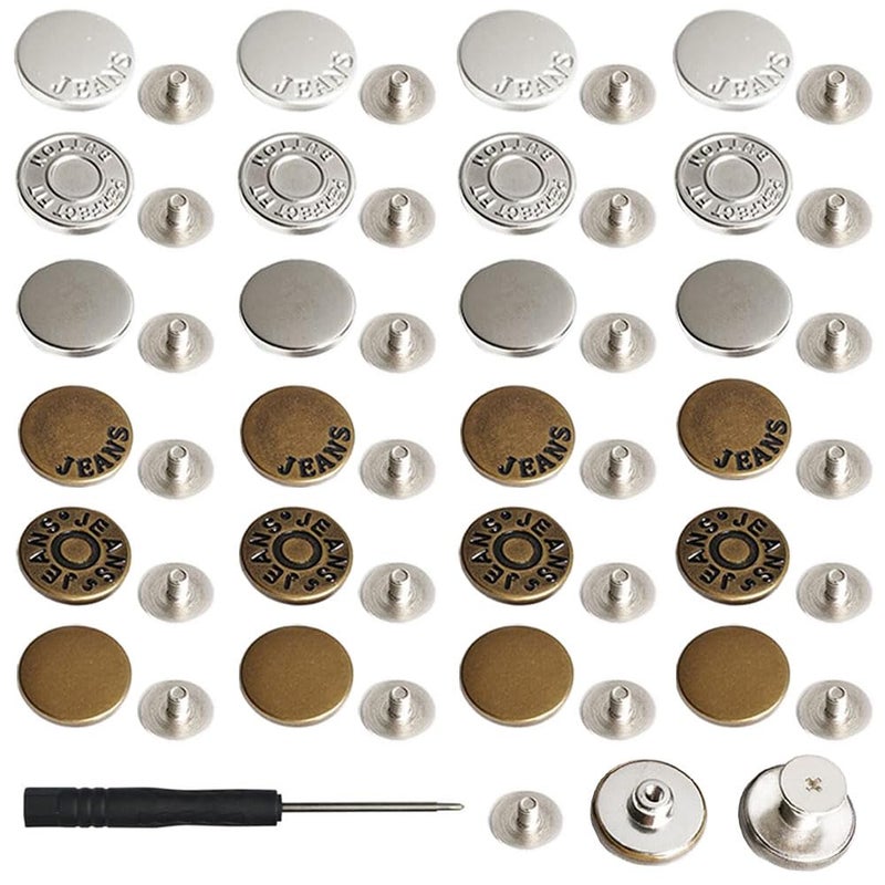 Aobvrey 24 Sets Button Pins for Jeans NoSew Nailess Removable Instant Jean Button Pins for Pants Reusable and Adjustable  Removable Screwdriver Included