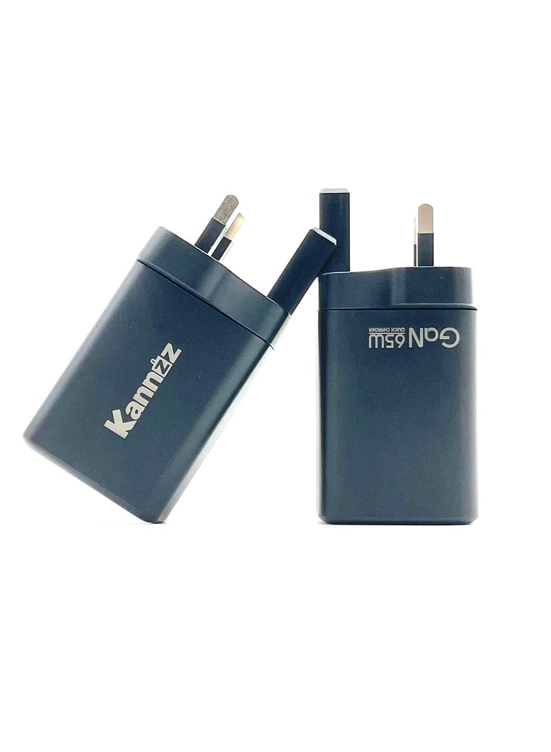Kannzz 65W GaN USB C Wall Charger,Portable 65W USB C Dual Port Fast Charging Adapter for Phone and Laptop - Black - Image 1