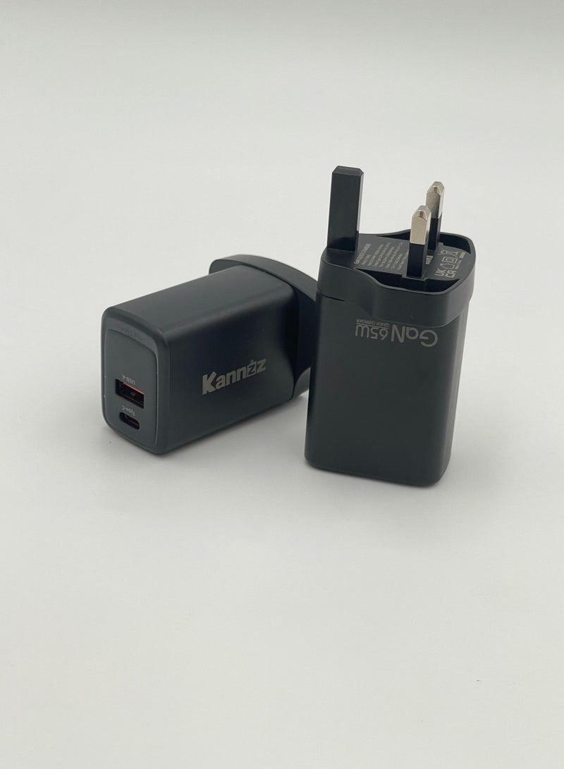 Kannzz 65W GaN USB C Wall Charger,Portable 65W USB C Dual Port Fast Charging Adapter for Phone and Laptop - Black - Image 3