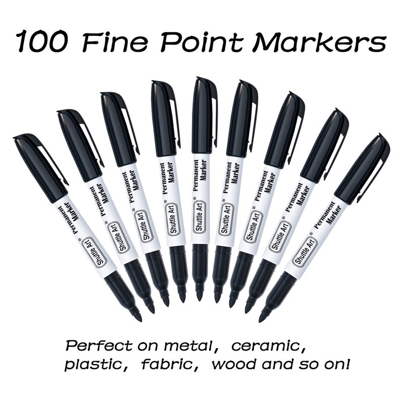Shuttle Art 100 Pack Black Permanent Markers, Fine Point Permanent Marker Pens Set Perfect on Plastic, Wood, Stone, Metal and Glass for Doodling, Writing, Marking, Office School Supplies - Image 2